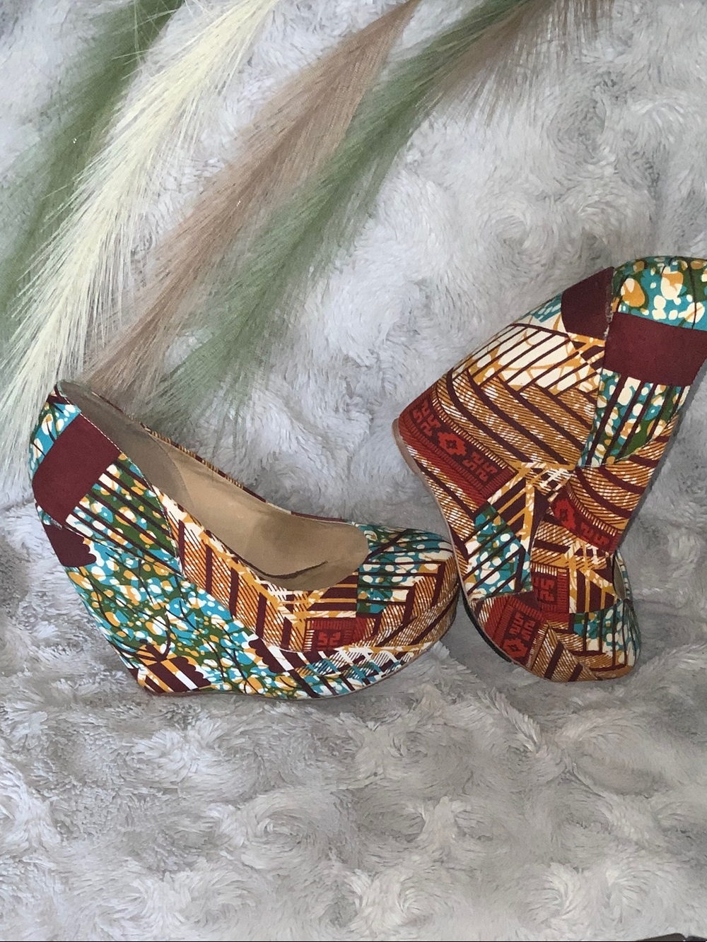 6$🤩Multicolor Print Platform Wedges - Teal, Mustard & Burgundy